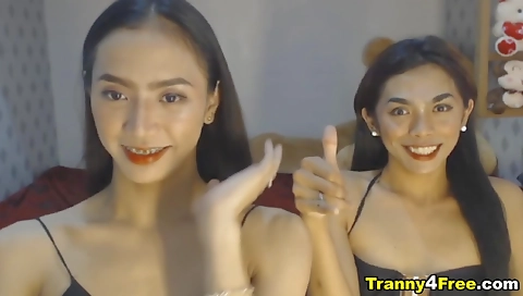 Asian shemale 18+ gets double cock in front of webcam